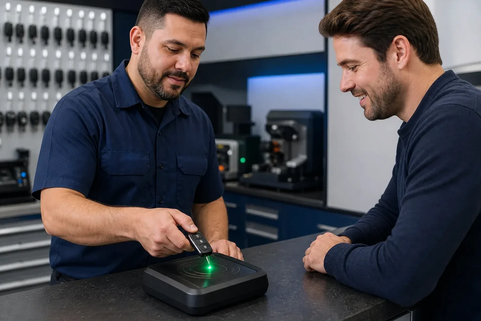 Chaveiro programando um controle remoto em seu local de trabalho.