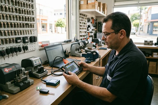 Chaveiro programando uma chave usando tecnologia apropriada em seu trabalho.