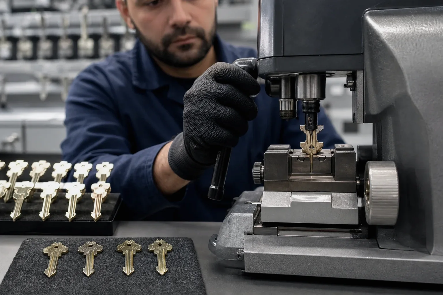 Chaveiro trabalhando na confecção de chave tetra com equipamentos especializados.